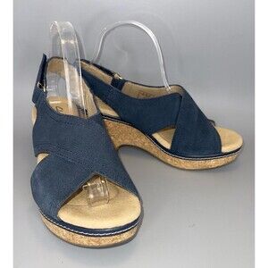 Clarks Nerisa West Nubuck Wedge Sandals Navy Blue 9W Wide Platform Slingback